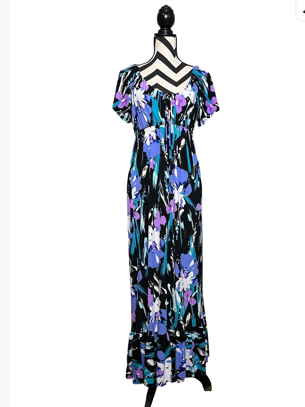 Y2K Witchy Dark Floral Boho Whimsigoth Empire Waist Stretchy Maxi Dress Sz M